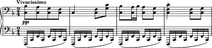 
 \relative c' {
  \new PianoStaff <<
   \new Staff { \key f \major \set Score.tempoHideNote = ##t \tempo "Vivacissimo" 2=80 \time 2/4 \clef bass
    <bes c,>8[ <a c,> <g c,> <f c>] c4 <f c>8 <g c> 
    <bes c,> <a c,>16 bes <a c,>8 <g c,> <c f, c>4-- <f, c>8 <g c,>
   }
   \new Dynamics {
    s4-\pp
   }
   \new Staff { \key f \major \time 2/4 \clef bass
    f,,16( c' f c f c f c) f,( c' f c f c f c) f,( c' f c f c f c) f,( c' f c f c f c)
   }
  >>
 }
