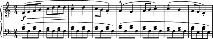 
 { \new PianoStaff <<
    \new Staff = "RH" \relative c' { \clef treble \key c \major \time 2/4 
   [ f8-\f\<( g a b ] | [ c d e d ] | c4^^\! d4 | c8 b8 a4-.) | 
    a4^^( g4 | a8 b8 c4-.) | c4^^( b4 | a8 g8 f4-.) | }
    \new Staff = "LH" \relative c' { \key c \major \time 2/4 \clef bass 
      <c a>8[( f, <c' a> f,] | <b g>[ f <b g> f] | <c' a>[ f, <c' a> f,] | <c' a>[ f, <c' a> f,]) | 
      <d' b>[( f, <d' b> f,] | <c' a>[ f, <c' a> f,] | <b g>[ f <b g> f] | <c' a>[ e, <c' a> e,]) |} 
   >> }
