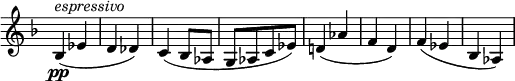 
\relative c' \new Staff \with { \remove "Time_signature_engraver" } {
 \set Score.tempoHideNote = ##t \tempo "" 4=134 \key f \major \time 2/4
 bes4\pp ^\markup \italic espressivo ( es d des) c( bes8 aes g[ aes c es] )
 d!4( aes' f d) f( es bes aes)
}
