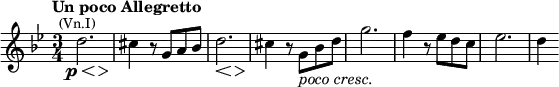 \relative c''{\time 3/4 \key g \minor \tempo "Un poco Allegretto"
<<{\stemDown d2.^\markup{\center-align \smaller (Vn.I)} cis4 b8\rest \stemUp g a bes \stemDown d2. cis4 b8\rest g_\markup{\italic "poco cresc."} bes d g2. f4 b,8\rest es d c es2. d4}
\\ {s8_\markup{\halign #1 \dynamic p} s4\< s4.\> s2.\! s4.\< s4.\> s2.\!}
>>}