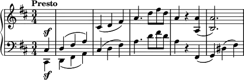 \relative c' {
\new PianoStaff <<
\new Staff { \key d \major \time 3/4 \partial 4\tempo "Presto"
s1 cis4 (d fis) a4. d8 fis d a4 r <a a,> (<a b,>2.)
}
\new Dynamics {
s4\sf}
\new Staff="down" { \key d \major \time 3/4 \clef bass \partial 4 <<
{cis,,4 d (fis a)}
\\
{cis,,4 d (fis a)} >>
cis (d fis) a4. d8 fis d a4 r fis, (g) dis' (fis)
}
\new Dynamics {
s4\sf}
>>
}