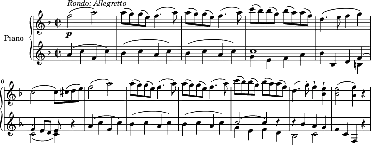 \version "2.18.2"
\header {
tagline = ##f
}
upper = \relative c' {
\clef treble
\key f \major
\time 2/2
\tempo "Allegretto"
\tempo 4 = 130
%\autoBeamOff
f'2 \p^\markup{ \italic {Rondo: Allegretto } } (a)
\repeat unfold 2 {a8 (g) g (e) f4. (a8)}
c8 (bes) bes (g) bes (a) a (f)
d4. (e8 f4 g)
c,2 (c8) cis (d e)
f2 (a)
\repeat unfold 2 {a8 (g) g (e) f4. (a8)}
c8 (bes) bes (g) bes (a) a (f)
d4. (g8) f4-! <bes, e>-!
<bes e>2 (<a f'>4) r
}
lower = \relative c {
\clef bass
\key f \major
\time 2/2
\clef treble
a''4 (c f, c')
\repeat unfold 2 {bes (c a c)}
<< { \stemDown g4 e f a} \\ { c1 } >>
bes4 bes, d << { \stemDown b4 c2 _(c4)} \\ { \stemUp f4 ^(f) e8 d e } >> r4
a4 (c f, c')
\repeat unfold 2 {bes (c a c)}
<< { \stemDown g4 e f d bes2 c2} \\ {\stemUp c'2 ^(c4) c \rest c \rest bes a g } >>
f4 c f, r
}
\score {
\new PianoStaff <<
\set PianoStaff.instrumentName = #"Piano"
\new Staff = "upper" \upper
\new Staff = "lower" \lower
>>
\layout {
\context {
\Score
\remove "Metronome_mark_engraver"
}
}
\midi { }
}
