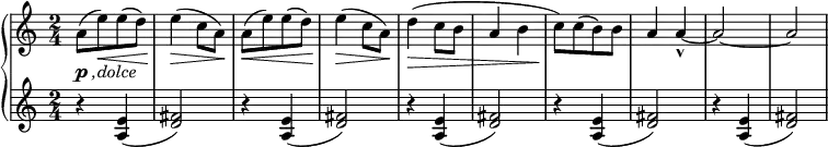 
{ \new PianoStaff <<
    \new Staff = "RH" \relative c'' { \clef treble \key a \minor \time 2/4
    a8(-\markup { \dynamic p \italic { ,dolce} }[ e'\<) e( d) ] | e4\>( c8 a)\! |
     a8(\<[ e') e( d) ] | e4\>( c8 a)\! |
     d4(\> c8 b | a4 b | c8)\![ c( b) b ] | a4 a4-^~ | a2~ | a2  | }
    \new Staff = "LH" \relative c' { \clef treble \key a \minor  \time 2/4
      r4 <e a,>4( | <fis d>2) ] | r4 <e a,>4( | <fis d>2) ] | r4 <e a,>4( | <fis d>2) ] | r4 <e a,>4( | <fis d>2) ] |r4 <e a,>4( | <fis d>2) ] |}
   >> }
