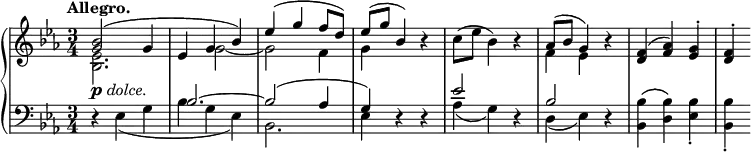 
 \relative c' {
  \new PianoStaff <<
   \new Staff { \key es \major \time 3/4 \tempo "Allegro."
    <<
     {
      <bes' g>2( g4 es g bes) es( g f8 d) es( g bes,4) b\rest
      \stemDown c8( es bes4) b\rest \stemUp aes8( bes g4) b\rest <f d>( <aes f>) <g es>-. <f d>-.
     }
    \\
     { <es bes>2. s4 g2~ g f4 g s2 s2. f4 es }
    >>
   }
   \new Dynamics {
    s2._\markup { \dynamic p \italic dolce. }
   }
   \new Staff { \key es \major \time 3/4 \clef bass
    <<
     { s2. bes2.~ bes2( aes4 g) s2 es'2 s4 bes2 s4 }
    \\
     {
      d,4\rest es4( g bes g es) bes2. es4 d\rest d\rest aes'( g) d\rest d( es) d\rest
      <bes' bes,>^\( <bes d,>\) <bes es,>-. <bes bes,>-.
     }
    >>
   }
  >>
 }

