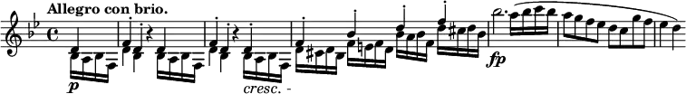 \relative c' \new Staff { \key bes \major \time 4/4 \tempo "Allegro con brio." \partial 4
\override Score.NonMusicalPaperColumn #'line-break-permission = ##f
<<
{
d4\p f-. d-. b'\rest d, f-. d-. b'\rest d,-.\cresc
f-.\! bes-. d-. f-. \stemDown bes2.\fp a16( bes c bes a8 g f es d c g' f es4 d)
}
\\
{
bes,16 a bes f d'4 bes s bes16 a bes f d'4 bes s bes16 a bes f
d' cis d bes f' e f d bes' a bes f d' cis d bes
}
>>
}