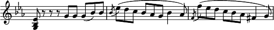 \relative c' {
\new Staff \with { \remove "Time_signature_engraver" } { \key es \major \time 9/8
<es bes g>8 r r r g g g( bes) bes \acciaccatura bes es( d c bes aes g bes4 aes8) \acciaccatura f f'( es d c bes aes fis4 g8)
}
}