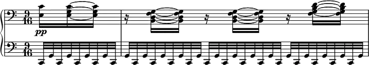 
 \relative c' {
  \new PianoStaff <<
   \new Staff { \key c \major \time 9/16 \partial 8. \clef bass
    <c e,>16\pp <c~ g~ e~> <c g e> r <g~ f~ d~ b~> <g f d b> r <g~ f~ d~ b~> <g f d b> r <d'~ b~ g~ f~> <d b g f>
   }
    \new Staff { \key c \major \time 9/16 \clef bass
     c,,32*2/3[ g' c, g' c, g' c, g' c,] g'[ c, g' c, g' c, g' c, g'] c,[ g' c, g' c, g' c, g' c,] g'[ c, g' c, g' c, g' c, g']
   }
  >>
 }
