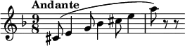 \relative g { \key d \minor \time 9/8 \tempo "Andante" cis8( e4 g8 bes4 cis8 e4 | a8) r8 r }