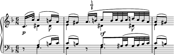 
 \relative c' {
  \new PianoStaff <<
   \new Staff { \key d \minor \time 6/8 \partial 2
    <<
     {
      \set subdivideBeams = ##t \set baseMoment = #(ly:make-moment 1/8)
      c16.( c'32) c4( b16 a) a8[( gis)] a16.(
      ^\markup    
       \override #'(baseline-skip . 1) {
        \halign #-4
        \teeny \center-column {
         \natural
         \musicglyph #"scripts.turn"
         \sharp
        } 
       }
      b32 c8( b32 c b c d! c b a) a8[( gis)]
     }
    \\
     { s8 dis4 dis8 e4 s8 dis4 dis!8 e4 }
    >>
   }
   \new Dynamics {
    s4_\markup \dynamic p s4 s4 s8 s4._\markup \dynamic rf
   }
   \new Staff { \key d \minor \time 6/8 \clef bass
    <<
     { 
      \set subdivideBeams = ##t \set baseMoment = #(ly:make-moment 1/24)
      d,8\rest a'4( b16 c) c8[( b)] d,\rest a'8.[ gis32( a gis a b c)] c8[( b)]
     }
    \\
     { s8 f4. e4 s8 f4. e4 }
    >>
   }
  >>
 }
