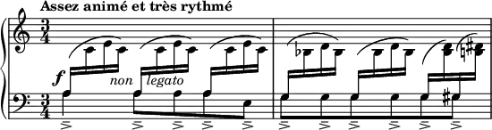{ \new PianoStaff \with {\override StaffGrouper.staff-staff-spacing.padding = #5 } <<
\new Staff = "right" {\key a \minor \time 3/4 \set Score.tempoHideNote = ##t \tempo "Assez animé et très rythmé" 4=138 \relative a
{\shape #'((0 . 1) (0 . 1) (0 . 0.5) (0 . 0)) Slur
\stemUp \change Staff = "left" a16( \change Staff = "right" \stemDown c e_\markup {\translate #'(1 . -6) \italic non} c)
\shape #'((0 . 1) (0 . 1) (0 . 0.5) (0 . 0)) Slur
\stemUp \change Staff = "left" a16( \change Staff = "right" \stemDown c_\markup {\translate #'(-1.5 . -6) \italic legato} e c)
\shape #'((0 . 1) (0 . 1) (0 . 0.5) (0 . 0)) Slur
\stemUp \change Staff = "left" a16( \change Staff = "right" \stemDown c e c)
\shape #'((0 . 3) (0 . 1) (0 . 0.5) (0 . 0.5)) Slur
\stemUp \change Staff = "left" g16( \change Staff = "right" \stemDown bes d bes)
\shape #'((0 . 1) (0 . 1) (0 . 0.5) (0 . 0)) Slur
\stemUp \change Staff = "left" g16( \change Staff = "right" \stemDown bes d bes)
\stemUp \change Staff = "left" g16( \change Staff = "right" \stemDown <bes d>)
\shape #'((0.5 . 2) (0 . 1.5) (0 . 1.5) (0 . 1)) Slur
\stemUp \change Staff = "left" gis16( \change Staff = "right" \stemDown <b dis>) }
}
\new Dynamics {s8-\markup {\right-align \dynamic f} }
\new Staff = "left" {\clef bass \key a \minor \time 3/4
{a4_-_> a8_-_> a_-_> a_-_> e_-_> g_-_> g_-_> g_-_> g_-_> g_-_> gis_-_>}
}
>>
}