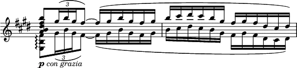 
\relative c' \new Staff \with { \remove "Time_signature_engraver" } {
 \key e \major \time 6/8
  <<
   {
    \override TupletBracket.bracket-visibility = ##f
    <b'' fis dis b a>8_\markup { \dynamic p \italic { con grazia } }[
    \times 2/3 { gis16( b gis } fis8) ] ~ fis16( gis b gis fis gis
    b cis dis cis b gis fis gis fis dis cis dis)
   }
  \\
   {
    \override TupletBracket.bracket-visibility = ##f
    <fis, b, e,>8\arpeggio [ \times 2/3 { gis16( b gis } fis8) ] ~ fis16( gis b gis fis gis
    b cis dis cis b gis fis gis fis dis cis dis)
   }
  >>
}
