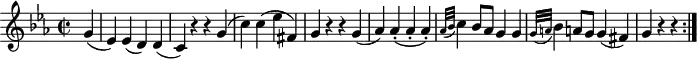 \version "2.18.2"
\header {
tagline = ##f
}
\score {
\new Staff \with {
}
<<
\relative c'' {
\key c \minor
\time 2/2
\tempo 2 = 72
\override TupletBracket #'bracket-visibility = ##f
%%Mozart — Concerto 24, mvt 3, th. 1
\partial 4 g4
(ees) ees (d) d
(c) r4 r4 g'
(c) c (ees fis,)
g r4 r4 g4
(aes) aes-. (aes-. aes-.)
\grace { aes32 (bes } c4) bes8 aes g4 g
\grace { g32 (a } bes4) a!8 g g4 (fis)
g r r \bar ":|."
}
>>
\layout {
\context { \Score \remove "Metronome_mark_engraver" }
}
\midi {}
}