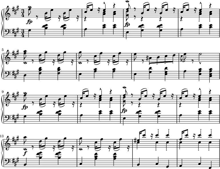 
 \relative b' {
  \new PianoStaff <<
   \new Staff { \key fis \minor \time 3/4
    <<
   {
     s8\mordent s s16 s8 s16 s s8 s16 cis16( e8) r16 e4-^ r4 fis8\mordent r8 b,16( e8) r16 b16( e8) r16 cis16( e8) r16 e4-^ r4 s4 s8 s16 s8 s16 s s8 s16 s8 s16 s8 s16 s s8 s16 s8 s s8 s s s \slashedGrace s s s s2 s8\mordent s s16 s8 s16 s s8 s16 cis16( e8) r16 e4-^ r4 fis8\mordent r8 b,16( e8) r16 b16( e8) r16 cis16( e8) r16 e4-^ r4 s4 s8 s16 s8 s16 s s8 s16 s8 s16 s8 s16 s s8 s16 eis cis'8 r16 cis4-. cis-. fis,16 cis'8 r16 cis4-. cis-.
   }
    \\
   {
     fis,8 r b,16( e8) r16 b( e8) r16 r4 <a, cis>4-. <a cis>4-. <gis d'>8\fp r8 r4 r r <a cis>4-. <a cis>4-. <fis' a>8\mordent r d16( gis8) r16 d( gis8) r16 gis8\mordent r cis,16( fis8) r16 cis( fis8) r16 e8 r ais,8-. b8-. cis8-. d8-. \slashedGrace cis( e) r e2-^ fis8\fp r b,16( e8) r16 b( e8) r16 r4 <a, cis>4-. <a cis>4-. <gis d'>8\fp r8 r4 r r <a cis>4-. <a cis>4-. <a'>8\mordent\f r d,16( gis8) r16 d( gis8) r16 gis8\mordent r cis,16( fis8) r16 cis( fis8) r16 cis4 cis-. cis-. cis cis-. cis-.
   }
    >>
   }
   \new Dynamics {
    s4\fp
   }
   \new Staff { \key fis \minor \time 3/4 \clef bass
     gis,4 <b d e> <b d e> a <cis e> <cis e> e, <gis d' e> <gis d' e> a <cis e> <cis e> d, <fis b d> <fis b d> e <a cis> <a cis> e <gis d'> <e gis d'> a <e a cis> <cis e a cis> gis'4 <b d e> <b d e> a <cis e> <cis e> e, <gis d' e> <gis d' e> a <cis e> <cis e> b, <b' fis' gis> <b fis' gis> cis, <a' cis fis> <a cis fis> b, cis gis a cis fis,
   }
  >>
 }
