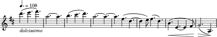 \relative c''' \new Staff \with { \remove "Time_signature_engraver" } {
\key b \minor \time 9/8 \tempo 4.=108
d4._\markup \italic dolcissimo ( e fis) a,2.~ a4. b( cis d) a2.~ a4.~
a fis( d~ d4 e8) fis4.( d) b\< ( e,~ e4 fis8) g2.\> ( a,4.\! )
}