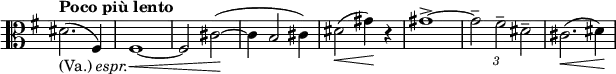 \relative c' \new Staff \with { \remove "Time_signature_engraver" } {
\key e \minor \time 2/2 \tempo "Poco più lento" \clef C
\override TupletBracket.bracket-visibility = ##f
dis2._\markup { (Va.) \italic espr. } ( fis,4) fis1~\< fis2
cis'2~\! ( cis4 b2 cis4) dis2\< ( gis4\! ) r gis1-> ~
\times 2/3 { gis2-- fis-- dis-- } cis2.\< ( dis4\! )
}