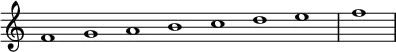 \relative c' {
\new Staff \with { \remove "Time_signature_engraver" }
{ \key c \major \time 1/1 \cadenzaOn f1 g a b c d e \bar "|" f \bar"|"}
}