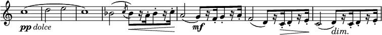 
\relative c'' \new Staff \with { \remove "Time_signature_engraver" } {
 \set Score.tempoHideNote = ##t \tempo "" 2=100 \key a \minor \time 2/2
 c1_\markup { \dynamic pp \italic dolce } ( d2 e c1)
 bes2( \acciaccatura c8 bes\< ) [ r16 a-. bes8-. r16 c-.\! ]
 a2( g8\mf ) [ r16 f-. g8-. r16 a-.] f2( d8) [ r16 c-.\> d8-. r16 e-.\! ]
 c2( d8\dim) [ r16\! c-. d8-. r16 e-.]
}
