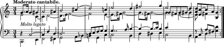 
\relative c'' {
  \new PianoStaff <<
   \new Staff {
    \key c \major \time 3/4 \set Score.tempoHideNote = ##t \tempo "Moderato cantabile." 4=86
    <<
     {
      \override Score.NonMusicalPaperColumn #'line-break-permission = ##f
      \override TextScript #'whiteout = ##t
      g8._\markup { \italic { Molto legato } } a16 g4 gis a2 ais4 b2 cis4( d2) c!4
      e2 d4 fis2 g4 e2 d4 <d a>8 <c~ e,> c a <g b,>4 \bar ":|."
     }
    \\
     { e2 c4~ c d2~ d8. e16 f2~ f e4~ e8. fis16 g2~ g8. fis16 g2~ g4 e2~ e8 s fis4 }
    \\
     { s2. s s s s s g8 fis g gis~ \stemDown gis4 }
    >>
   }
   \new Staff { \key c \major \time 3/4 \clef bass
    <<
     {
      d,4\rest c2~ c4 f d~ d2. d8 e f g g4
      g4.. a16 b4~ b~ b8. c16 b4 c4 s2 f,8\rest c a'[ fis]
     }
    \\
     { c,2 e4 f2 fis4 g2 a8 bes b!4 g c c2 b4 d dis e c2 b4 a d <d' g,> }
    >>
   }
  >>
 }
