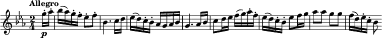 
\version "2.14.2"
 \relative c'' {
         \clef "treble" 
         \tempo "Allegro"
         \key ees \major
         \time 2/4 
         \tempo 4 = 130
     \partial 4 \partial 8   g'16-.\p aes-.
     bes (aes) g-. f-. ees8-. f-.
     bes,4. c16 d
     ees (d) c-. bes-. aes g aes bes
     g4. aes16 bes
     c8 d16 ees f (g) aes-. f-.
     ees (d) c-. bes-. ees8 f16 g
     aes8 aes g g
     f16 (d) ees-. c-. bes8
 }
