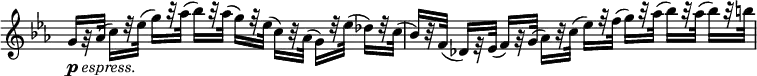 
\relative c'' \new Staff \with { \remove "Time_signature_engraver" } {
 \set Score.tempoHideNote = ##t \tempo "" 4=48 \key c \minor \time 4/4
 g16_\markup { \dynamic p \italic espress. }[ r32 aes]( c16) [ r32 es]( g16) [ r32 aes] ( bes16) [ r32 aes] (
 g16) [ r32 es] ( c16) [ r32 aes] ( g16) [ r32 es'] ( des16) [ r32 c] (
 bes16) [ r32 f] ( des16) [ r32 es] ( f16) [ r32 g] ( aes16) [ r32 c] (
 es16) [ r32 f] ( g16) [ r32 aes] ( bes16) [ r32 aes] ( bes16) [ r32 b]
}
