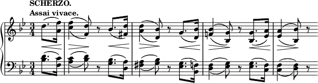 \relative c' {
\new PianoStaff <<
\new Staff { \key bes \major \time 3/4 \partial 4
\tempo \markup {
\column {
\line { SCHERZO. }
\line { Assai vivace. }
}
}
d'8.\< ( <f a,>16) <f c>4\> ( _\( <d f,>8\! ) \) r bes8.\<( <d fis,>16) <d a>4\> ( _\( <bes d,>8\! ) \) r
g8.\< ( <bes d,>16) <bes f!>4\> ( ^\( <g bes,>8\! ) \) r <g bes,>8.\< ( <a es>16) <a es>4\> ( ^\( <bes bes,>8\! ) \) r
}
\new Staff { \key bes \major \time 3/4 \clef bass \partial 4
<d, bes>8.( <c f,>16) <c a>4( _\( <d bes>8) \) r <bes g>8.( <a d,>16) <a fis>4( _\( <bes g>8) \) r
<g es>8.( <f bes,>16) <f d>4( _\( <g es>8) \) r <g es>8.( <f c>16) <f c>4( _\( <f d>8) \) r
}
>>
}