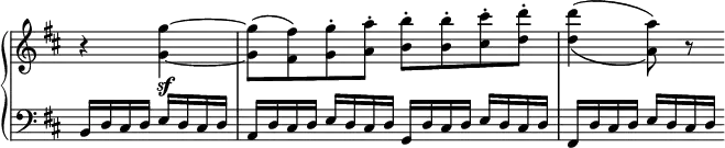 
 \relative c' {
  \new PianoStaff <<
   \new Staff \with { \remove "Time_signature_engraver" } { \key d \major \time 4/4 \partial 2
    r4 <g''~ g,~> <g g,>8( <fis fis,>) <g g,>-. <a a,>-. <b b,>-. <b b,>-. <cis cis,>-. <d d,>-. <d d,>4( _\( <a a,>8) \) r
   }
   \new Dynamics {
    s4 s\sf
   }
   \new Staff \with { \remove "Time_signature_engraver" } { \key d \major \time 2/2 \clef bass \partial 2
    \stemUp b,,,16[ d cis d] e d cis d
    a[ d cis d] e d cis d g,[ d' cis d] e d cis d | fis,[ d' cis d] e d cis d
   }
  >>
 }
