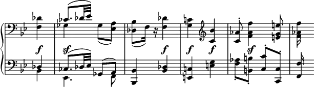 
 \relative c' {
  \new PianoStaff <<
   \new Staff \with { \remove "Time_signature_engraver" } { \key bes \major \time 2/4 \partial 4 \clef bass
    <<
     {
      s4 ces8.( des32 es) s4 s2 s4 \clef treble <bes' c,> <aes c,>8-. s4 <e' g, e>8 s8
     }
    \\
     {
      <des, f,>4 ges, ges8( <a es>) <bes des,>( f16) d\rest <des' f,>4 <c! g> s4 s8 <f' aes, f>4 s8 <f aes, f>16
     }
    >>
   }
   \new Dynamics {
    s4\f s\sf s s s\f s\f s\f s8 s4\sf
   }
   \new Staff \with { \remove "Time_signature_engraver" } { \key bes \major \time 2/4 \partial 4 \clef bass
    <<
     {
      des,,4 ces8.[( des32 es)] ges,8( a) <bes bes,>4 <des bes> <c! e,> s4 s4 <c' c,>8-. <c, c,>-. <f f,>16
     }
    \\
     {
      bes,4 es,4. f8 s2 s4 <g' e> <aes f>8-. <b b,>-.
     }
    >>
   }
  >>
 }
