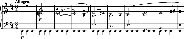 \relative c' {
\new PianoStaff <<
\new Staff { \key d \major \time 3/4 \tempo "Allegro."
\set tieWaitForNote = ##t
<<
{
\override MultiMeasureRest #'staff-position = #2
R2*3/2 a'2. a4( g2)~ g( fis8 e) d2( cis!4) b2( a4) a2.( <d a> <e cis>2 <fis d>8 <g e> <fis d>4-.)
}
\\
{ s2. <fis c>2. <d~ b~> <d b>2 <b g>4 g2. g }
>>
}
\new Dynamics {
s2. s2.\p
}
\new Staff { \key d \major \time 3/4 \clef bass
<<
{ s2. s s s e cis d fis, a d4 }
\\
{ d,4\p d d | d d d | d d d | d d d | d d d | d d d | d d d | d d d | d d d | d }
>>
}
>>
}