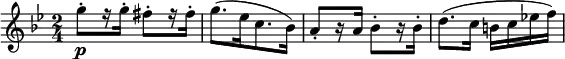 \relative c''' {
\time 2/4
\key bes \major
g8-.[\p r16 g-.] fis8-.[ r16 fis-.] | g8.[( es16 c8. bes16]) | 
a8-.[ r16 a] bes8-.[ r16 bes-.] | d8.( c16 b c es! f)
}