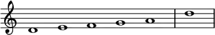 \relative c {
\new Staff \with { \remove "Time_signature_engraver" }
{ \key c \major \time 1/1 \cadenzaOn d'1 e f g a \bar "|" d \bar"|"}
}