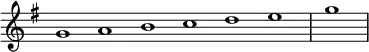 \relative c'' {
\new Staff \with { \remove "Time_signature_engraver" }
{ \key g \major \time 1/1 \cadenzaOn g1 a b c d e \bar "|" g \bar"|" }
}