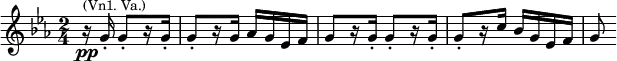 \relative c'' {\time 2/4 \key c \minor \partial 4. r16\pp^\markup{\smaller {(Vn1. Va.)}} g-. g8-.[ r16 g-.] g8-.[ r16 g] as g es f g8[ r16 g-.] g8-.[ r16 g-.] g8-.[ r16 c] bes g es f g8}