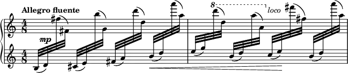 
\relative c' {
 \new PianoStaff <<
  \new Staff = "up" {
   \key a \minor \time 4/8 \set Score.tempoHideNote = ##t \tempo "Allegro fluente" 8=138
   \change Staff = "down" b32[ ( d) ^\mp   \change Staff = "up" fis'( fis,) ]
   \change Staff = "down" cis[ ( e)        \change Staff = "up" b''( g,) ]
   \change Staff = "down" fis[ ( a)        \change Staff = "up" d'( d,) ]
   \change Staff = "down" b\< [ ( d)       \change Staff = "up" a''( a,) ]
   \change Staff = "down" \stemUp e[ ( g)  \change Staff = "up" \stemDown \ottava #1 d''( d,) ]
   \change Staff = "down" \stemUp b,( d)   \change Staff = "up" \stemDown a''( a,) ^\markup \italic "    loco" \ottava #0 
   \change Staff = "down" \stemUp c,[ ( e\! )  \change Staff = "up" \stemDown fis'( fis,) ]
   \change Staff = "down" \stemUp b,( d)   \change Staff = "up" \stemDown a''( a,)
  }
  \new Staff = "down" {
   \key a \minor \time 4/8 \clef treble
   s1
  }
 >>
}
