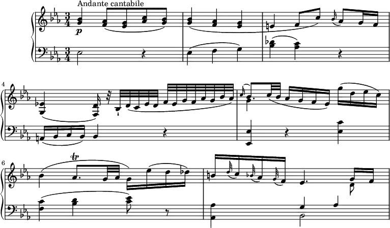 \version "2.18.2"
\header {
tagline = ##f
}
upper = \relative c' {
\clef "treble"
\tempo "Andante cantabile"
\key ees \major
\time 3/4
\tempo 4 = 46
<g' bes>4 \p ^\markup {Andante cantabile} <f aes>8 (<ees g> <aes c> <g bes>)
<g bes>4 (<f aes> <ees g>
e (f8 c') \grace bes16 (aes8) g16 f
<g,ees'!>4 (<f d'>16) r32 bes-! d (c ees d f ees g f aes g bes aes)
<<{\stemDown g4 s4} \\ { \stemUp \grace c16 ^(bes8.) \stemUp c32 (bes aes16 g f ees) }>> g' (d ees c)
bes4 (aes8. \trill g32 aes g16) ees' (d des)
b \grace d32 (c16) \grace bes32 (aes16) \grace g32 ( f16) ees4. <<{\stemDown d8} \\ { \stemUp g16 f }>>
}
lower =\relative c {
\clef "bass"
\key ees \major
\time 3/4
ees2 r4
ees4 (f g)
<bes des> (<aes c>) r
a,16 (bes c bes) bes4 r
<ees, ees'>4 r <ees' c'>4
<f c'> (<bes d> <c ees>8) r
<aes, aes'>4 <<{\stemDown bes2} \\ { \stemUp g'4 aes }>>
}
\score {
\new PianoStaff <<
\new Staff = "upper" \upper
\new Staff = "lower" \lower
>>
\layout {
\context {
\Score
\remove "Metronome_mark_engraver"
}
}
\midi { }
}