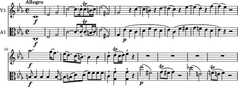 <<
\new Staff \with { instrumentName = #"V1 "} \relative c'' {
\version "2.18.2"
\key ees \major
\tempo "Allegro"
\tempo 4 = 130
\time 2/2
c,1\f ees2 g
c2 ~ c8. c16-! c8\trill (b16 c)
ees2 (fis,)
g r4 c ~ c (b) r d ~ d (c) r ees ~ ees (d) r f ~ f (ees) r2
aes2.\f g16 (f8.)
ees16 (d8.) c16 (b8.) b4 b
c-! d8\trill (c16 d) ees4-! r4
R1 R1 R1 R1
}
\new Staff \with { instrumentName = #"A1 "} \relative c'' {
\key ees \major
\clef "alto"
\time 2/2
c,,1\f ees2 g
c2 ~ c8. c16-! c8\trill (b16 c)
ees2 (fis,)
g4 ees'\p (d c d f ees d ees)
c (f fis g f! ees d ees) r r2
b8\f b4 b b b8 ~ b b (d) d (f) f f f
c4-! <g g'>-! <g g'>-! r4
ees''2\p (fis,) g8\trill (fis g4) r2
des'2 (e,) f!8\trill (e f4) r2
}
>>