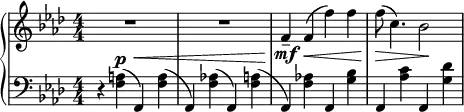 { \new PianoStaff <<
\new Staff = "RH" \relative c' { \key f \minor \numericTimeSignature \time 4/4
R1 |R1 |f4-\mf-- f(\< f') f | f8(\> c4.) bes2\! |}
\new Staff = "LH" \relative c' { \clef bass \key f \minor \numericTimeSignature \time 4/4
r4 <a f>^\p( f,^\<) <a' f>( | f,) <aes'! f>( f,) <a' f>( | f,\!) <aes'! f> f, <bes' g> | f, <c'' aes> f,, <des'' g,> | }
>> }