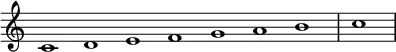 \relative c' {
\new Staff \with { \remove "Time_signature_engraver" }
{ \key c \major \time 1/1 \cadenzaOn c1 d e f g a b\bar "|" c \bar"|"}
}