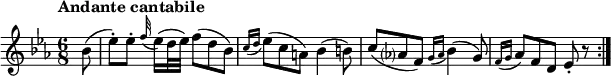 
\version "2.18.2"
\relative c'' {
  \key es \major
  \time 6/8
  \tempo "Andante cantabile "
  \tempo 4 = 50
  \partial 8 bes8
  (es-.) [es-.] \grace f32 (es16) (d32 es) f8 (d bes)
  \acciaccatura { c16 d } (es8) (c a) bes4 (b8)
  c (aes!? f) \acciaccatura { g16 aes } (bes4) (g8)
  \acciaccatura { f16 g } (aes8) f d es-. r \bar ":|."
}
