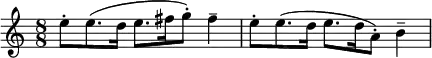 \relative c'' { \key a \minor \time 8/8
e8-. e8.( d16 e8. fis16 g8-.) fis4-- | e8-. e8.( d16 e8. d16 a8-.) b4-- }