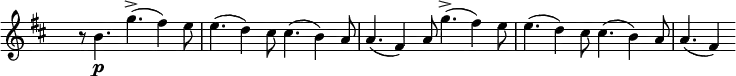 \relative c' \new Staff \with { \remove "Time_signature_engraver" } {
\key d \major \time 12/8
s4 r8 b'4.\p g'->( fis4) e8 e4.( d4) cis8 cis4.( b4) a8 a4.( fis4)
a8 g'4.->( fis4) e8 e4.( d4) cis8 cis4.( b4) a8 a4.( fis4) }