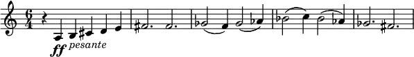 \relative c' {
\key c \major
\time 6/4
\tempo ""
\tempo 4 = 360
r a\ff b_\markup{ \italic "pesante" } cis d e
fis2. fis
ges2 ( f4 ) ges2 ( aes4 )
bes2 ( c4 ) bes2 ( aes4 )
ges2. fis
}