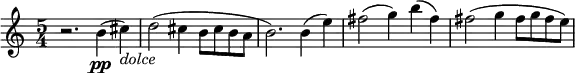 
\relative c' {
\key c \major
\time 5/4
\tempo ""
\tempo 4 = 96
r2. b'4\pp ( cis_\markup{ \italic "dolce" } )
d2 ( cis4 b8 [ cis b a ]
b2. ) b4 ( e )
fis2 ( g4 ) b ( fis )
fis2 ( g4 fis8 [ g fis e ] )
}
