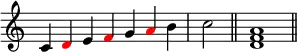 
{
\override Score.TimeSignature #'stencil = ##f
\relative c' { 
  \clef treble 
  \time 7/4 c4 \once \override NoteHead.color = #red d e \once \override NoteHead.color = #red f g \once \override NoteHead.color = #red a b  \time 2/4 c2 \bar "||"
  \time 4/4 <d, f a>1 \bar "||"
} }
