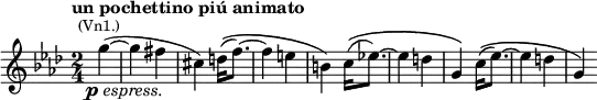\relative c'' {\time 2/4 \key f \minor \tempo "un pochettino piú animato" \partial 4 g'4(~^\markup{\center-align \smaller (Vn1.)}_\markup{\right-align {\dynamic p \italic espress.}} g fis cis) d16(\( f8.)~ f4 e b\) \shape #'((0 . 0.5) (0 . 1) (0 . 1) (0 . 0.5)) Slur c16(\( es!8.)~ es4 d g,\) c16(\( es8.)~ es4 d g,\)}