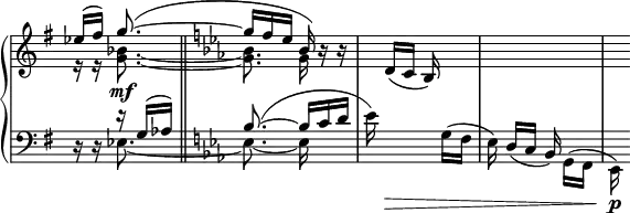 
 \relative c' {
  \new PianoStaff <<
   \new Staff \with { \remove "Time_signature_engraver" } { \key g \major \time 6/16 \partial 16*5
    <<
     { es'16( fis) g8.~ ( \bar "||" \key es \major g16 f es bes) b\rest b\rest }
    \\
     { r16 r <bes~ g~>8.\mf <bes g> g16 s8 s16 \stemUp d( c bes) s8 s4. s16 }
    >>
   }
   \new Staff \with { \remove "Time_signature_engraver" } { \key g \major \time 6/16 \clef bass
    <<
     {
      d,16\rest d\rest r g( aes) \key es \major bes8.~ ( bes16 c d
      \stemDown es) s8.\> g,16( f es) s8. g,16( f es\p )
     }
    \\
     { s8 es'8.~ es~ es16 s8 s16 s8. s8 s16 \stemUp d16( c bes) s8 s16 }
    >>
   }
  >>
 }
