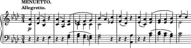 
 \relative c' {
  \new PianoStaff <<
   \new Staff { \key f \minor \time 3/4 \partial 4
    \tempo \markup {
     \column {
      \line { MENUETTO. }
      \line { Allegretto. }
     }
    }
    <<
     {
      <aes' c,>4-. <bes des,>( <g bes,>) b\rest <aes c,>( <f aes,>) <f c>( e f g) bes( aes)
      <c es,!>-. <des f,>_\( <bes des,>\) b\rest <c es,>_\( <aes c,>\) <aes es>( <g es> <aes es> <bes es,>) des( c)
     }
    \\
     { s4 s2. s c,4 c c c2 s4 s2. s s es2 }
    >>
   }
   \new Dynamics {
    s4\p
   }
   \new Staff { \key f \minor \time 3/4 \clef bass
    r4 r r f, r r <aes f>( <bes g> <aes f> <g e>) <aes f>2
    r4 r r <aes aes,> r r <c aes>( <des bes> <c aes> <bes g>) <c aes>2
   }
  >>
 }
