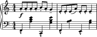 
 { \new PianoStaff <<
    \new Staff = "RH" \relative c'' { \key a \minor  \numericTimeSignature \time 4/4
       [ a8\f-. a-. a-. a-. ] b-. a-. g4-- | [ e8-. e-. e( a) ] | e-. e-. e4--  | }
    \new Staff = "LH" \relative c' { \clef bass \key a \minor  \numericTimeSignature \time 4/4
      f,,4-^ <e'' c a >  c,,-^  <e'' b g > | f,,-^ <b' a > e,,-^ <b'' g > | }
   >> }
