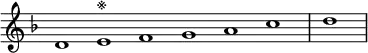 \relative c' {
\new Staff \with { \remove "Time_signature_engraver" }
{ \key d \minor \time 1/1 \cadenzaOn d1 e^"※" f g a c \bar "|" d \bar"|" }
}