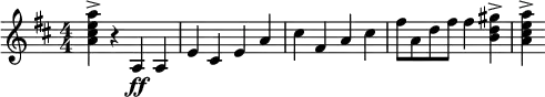\relative c'' {
\new PianoStaff <<
\new Staff
{ \key d \major \time 4/4 \numericTimeSignature
<a' e cis a>4-> r a,,\ff a e' cis e a cis fis, a cis fis8 a, d fis fis4 <gis d b>-> <a e cis a>-> }
>> }