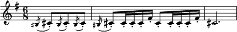 \relative a { \key g \major \time 6/8 \partial 4.
\acciaccatura bis8 cis-. \acciaccatura bis8 cis-. \acciaccatura bis8 cis-. |\acciaccatura bis8 cis-. cis16-. cis-. cis-. fis-. cis8-. cis16-. cis-. cis-. fis-. | cis2. }